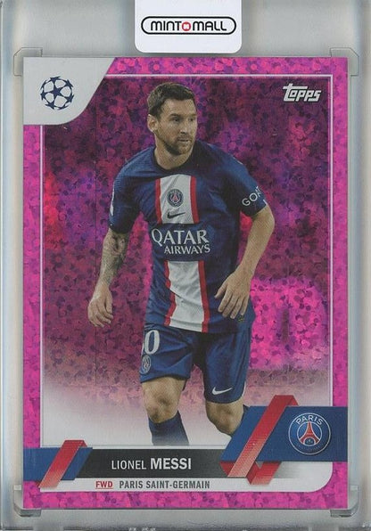 2022-23 Topps UEFA Club Competitions Lionel Messi Pink Mini-Diamond trading card featuring Paris Saint-Germain