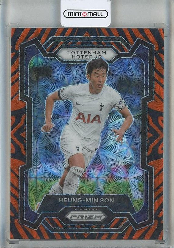 2023-24 Panini Prizm Premier League Heung-Min Son Tiger Stripe trading card from Tottenham Hotspur