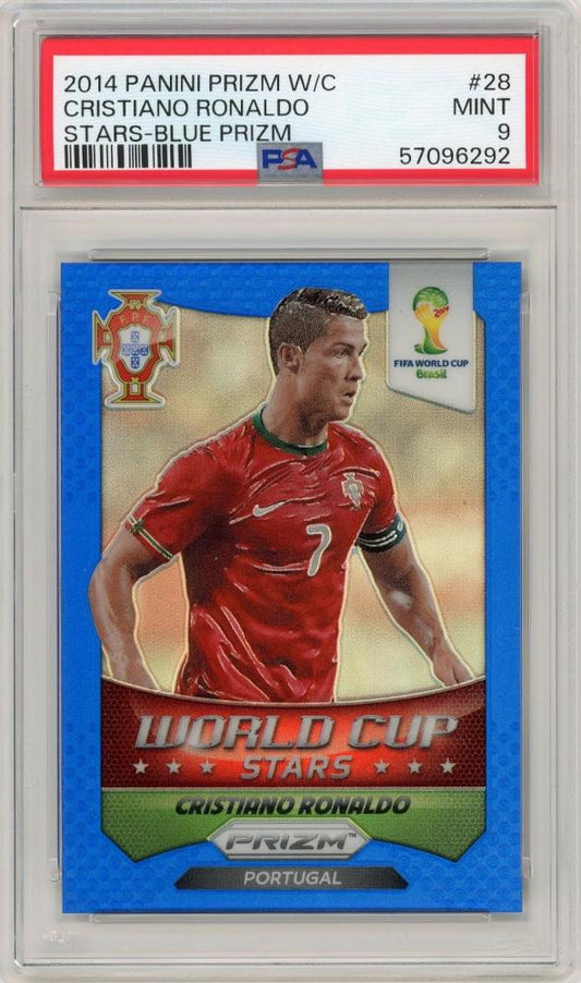 2014 PANINI Prizm FIFA World Cup Cristiano Ronaldo Blue Prizm #28 graded PSA9 mint card