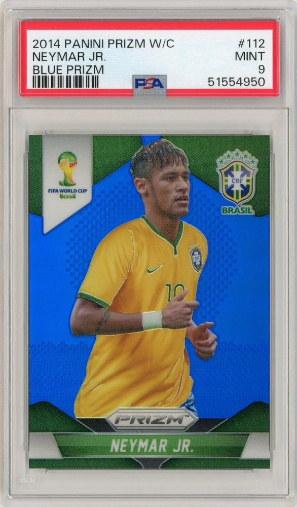 2014 PANINI Prizm FIFA World Cup Neymar Jr. Blue Prizm card #112 numbered 008/199 graded PSA9 Mint Brazil