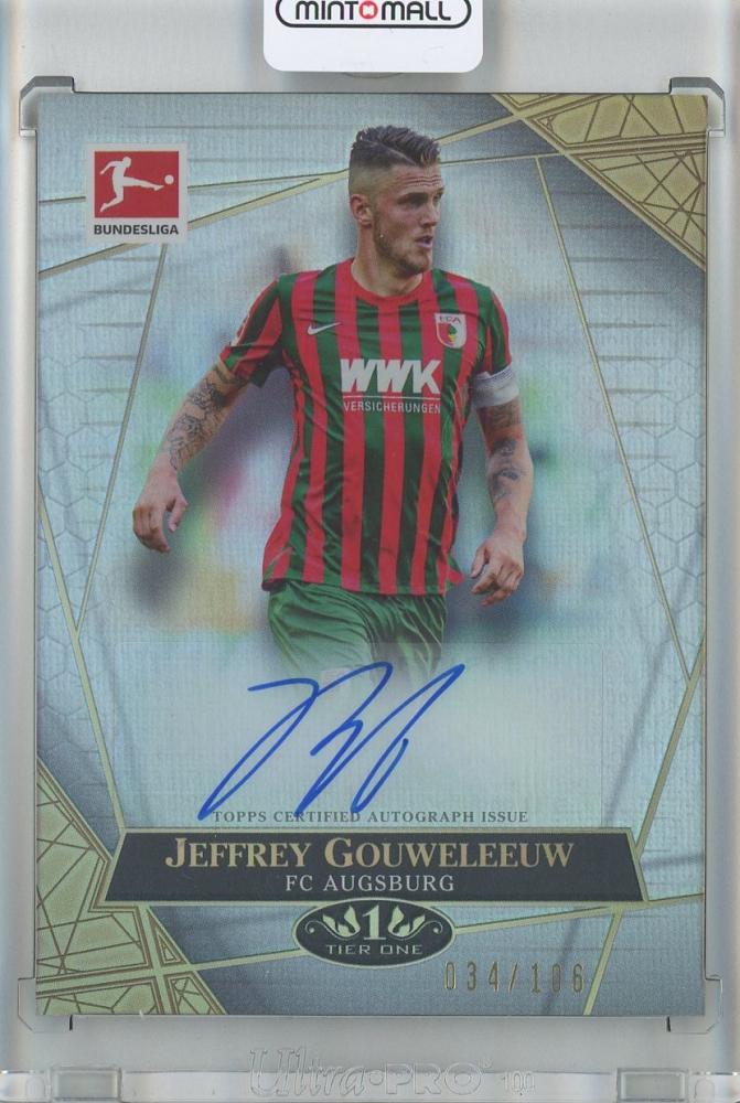 2021-22 Topps Tier One Bundesliga Soccer card of Jeffrey Gouweleeuw FC Augsburg with autograph and serial number 106
