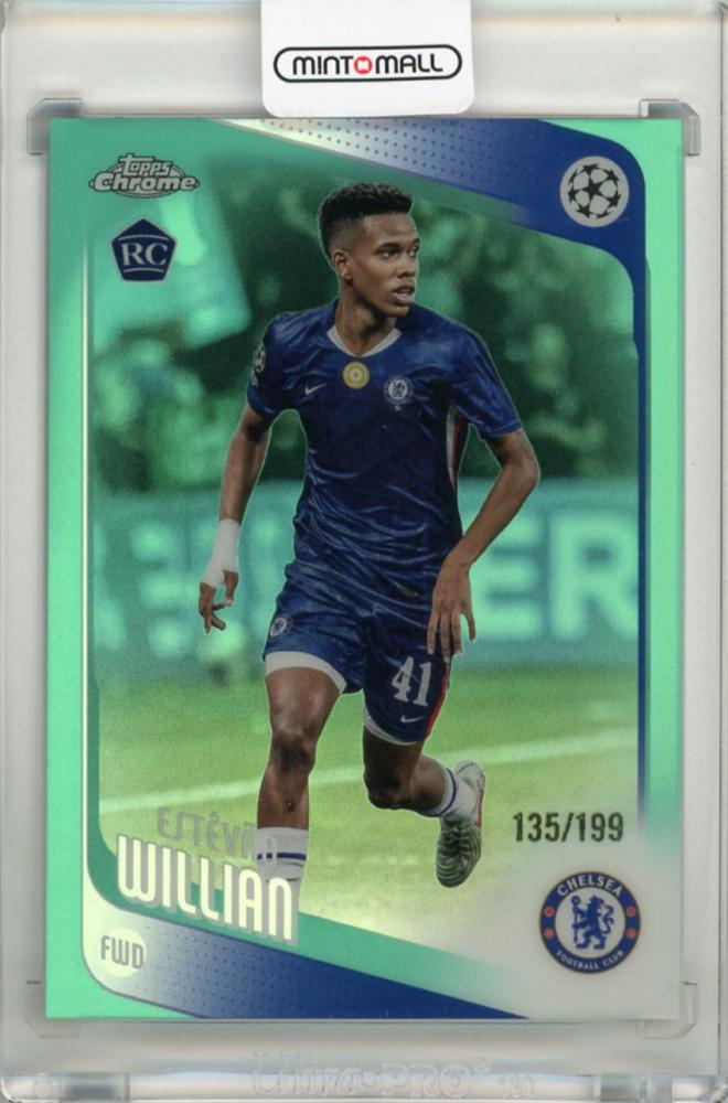 2025-26 Topps Chrome UEFA Estevao Willian Aqua Refractors rookie card numbered 68135 of 199 with minor front scratches
