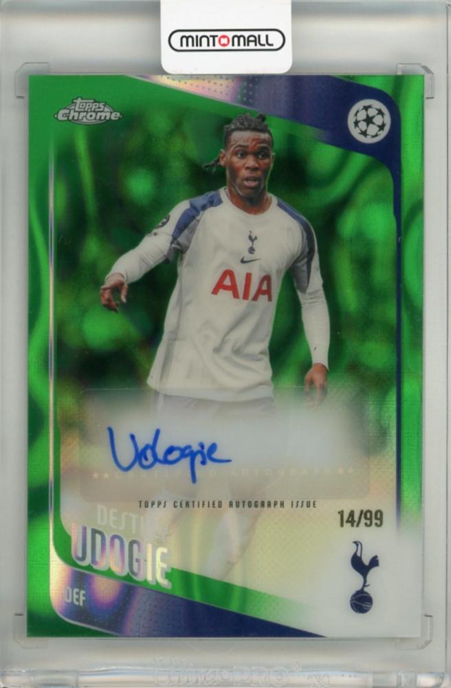2025-26 Topps Chrome UEFA Club Competitions Destiny Udogie Autographs Green Lava Refractor card #14/99