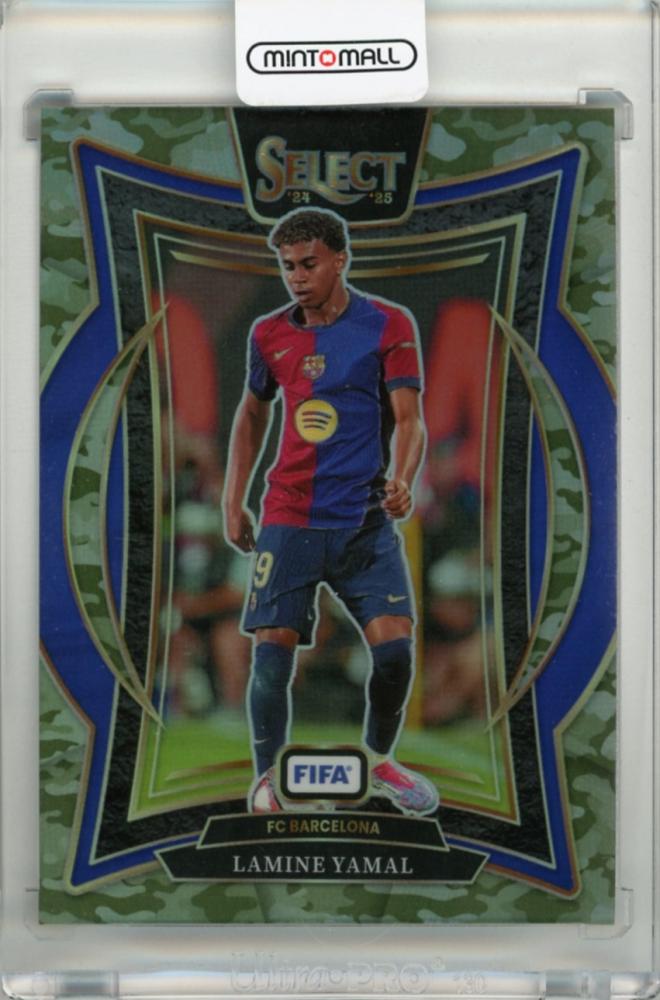 2024-25 Panini Select FIFA trading card featuring Lamine Yamal with camouflage design and serial number 7064/135