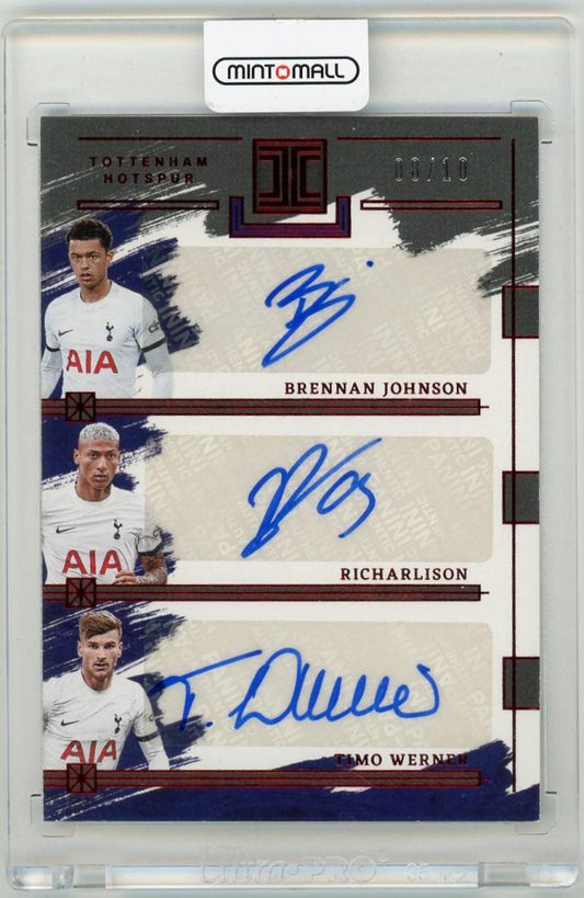 2023-24 Panini Impeccable Premier League Timo Werner Brennan Johnson Richarlison Triple Autographs Ruby Parallel 8/10 trading card