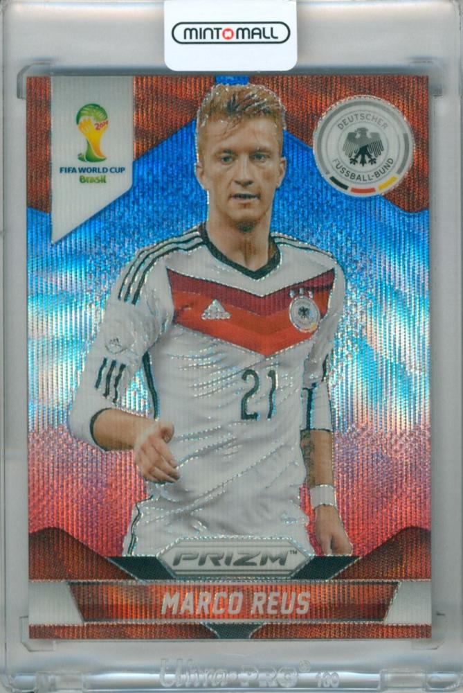 2014 Panini Prizm World Cup trading card of Marco Reus #91 featuring Blue and Red Wave Prizms Parallel