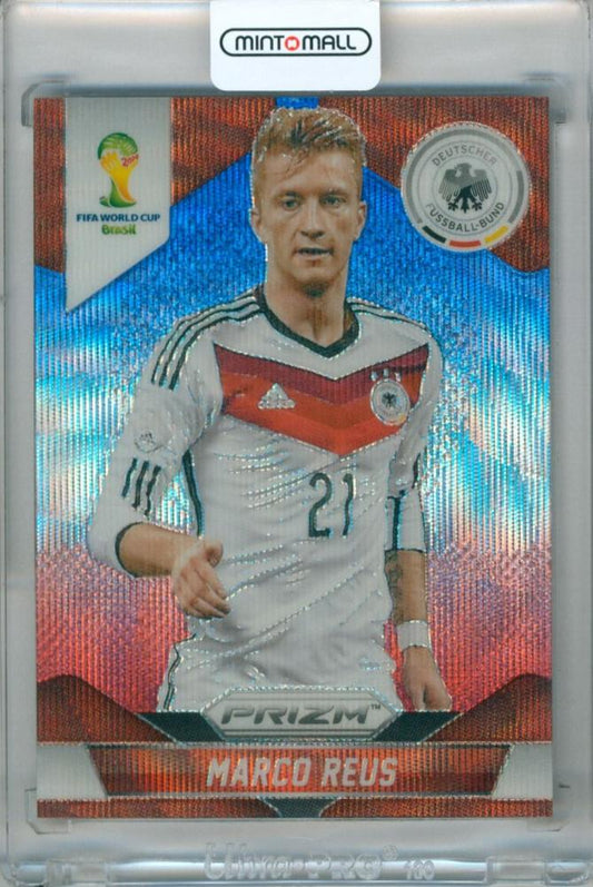 2014 Panini Prizm World Cup trading card of Marco Reus #91 featuring Blue and Red Wave Prizms Parallel