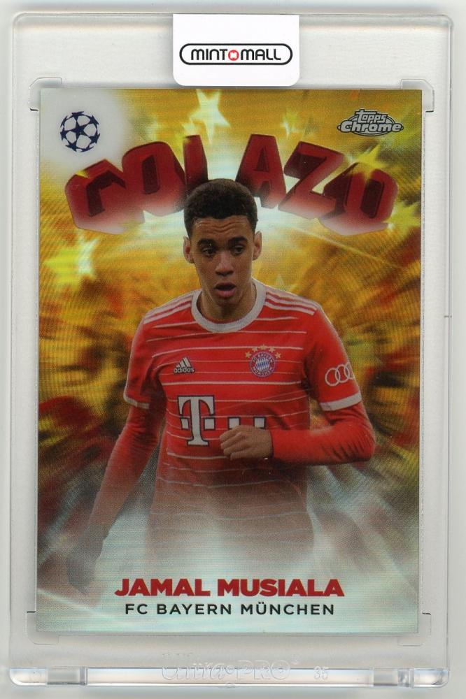2022-23 TOPPS Chrome UEFA Jamal Musiala Golazo Gold Refractor card serial number 14/50 from FC Bayern Munchen