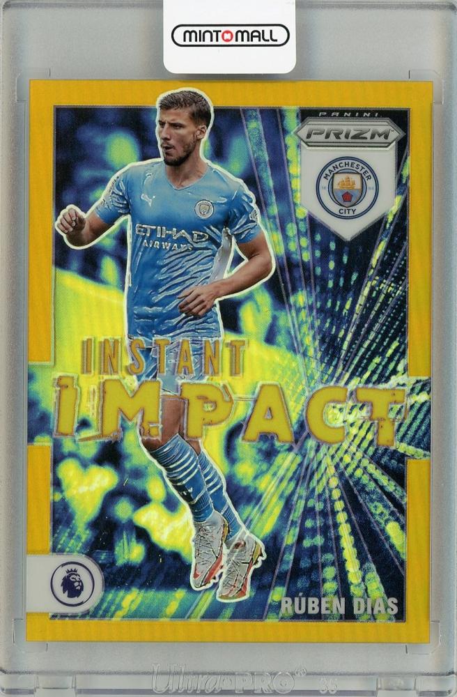 2021-22 PANINI PRIZM Premier League Instant Impact Prizms Gold Ruben Dias #11 card numbered 09/10 with minor back stain