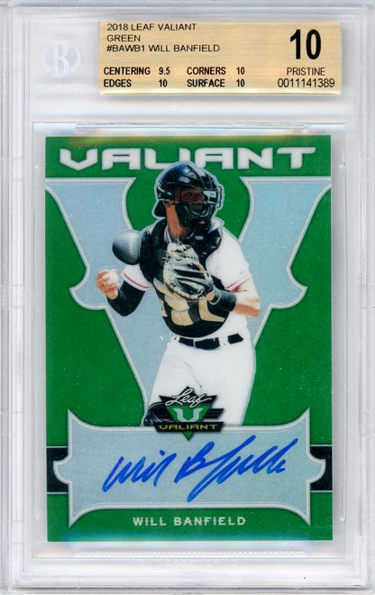 2018 Leaf Valiant Will Banfield Green Auto trading card graded BGS 10 PRISTINE with serial 48 of 99