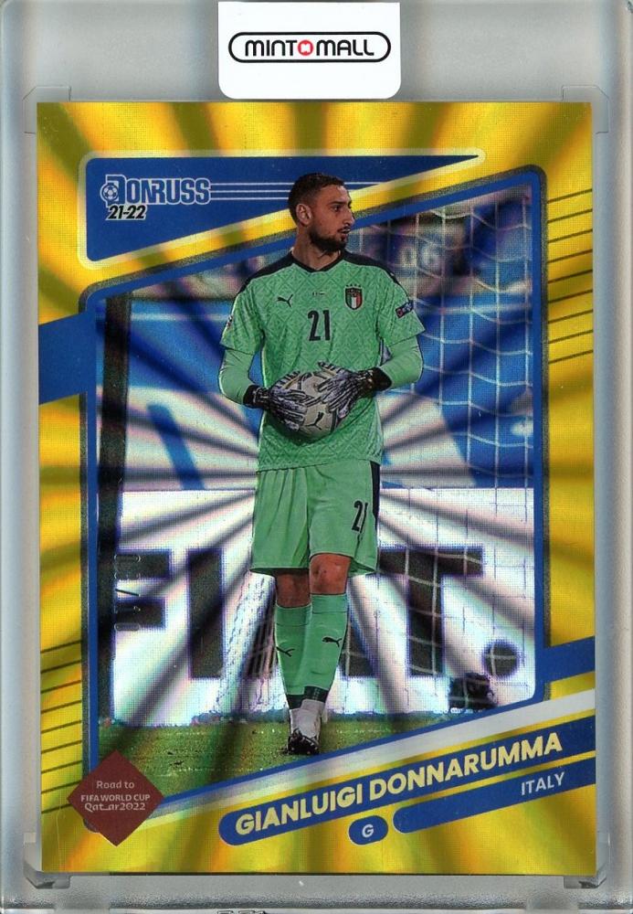 2021-22 Panini Donruss Soccer card of Gianluigi Donnarumma with Gold Laser Holo finish and serial number #7708/10