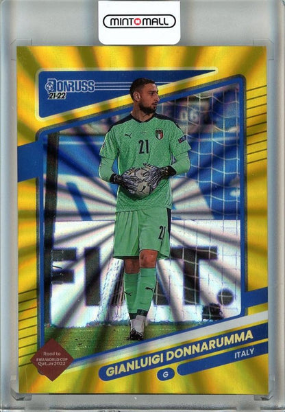 2021-22 Panini Donruss Soccer card of Gianluigi Donnarumma with Gold Laser Holo finish and serial number #7708/10
