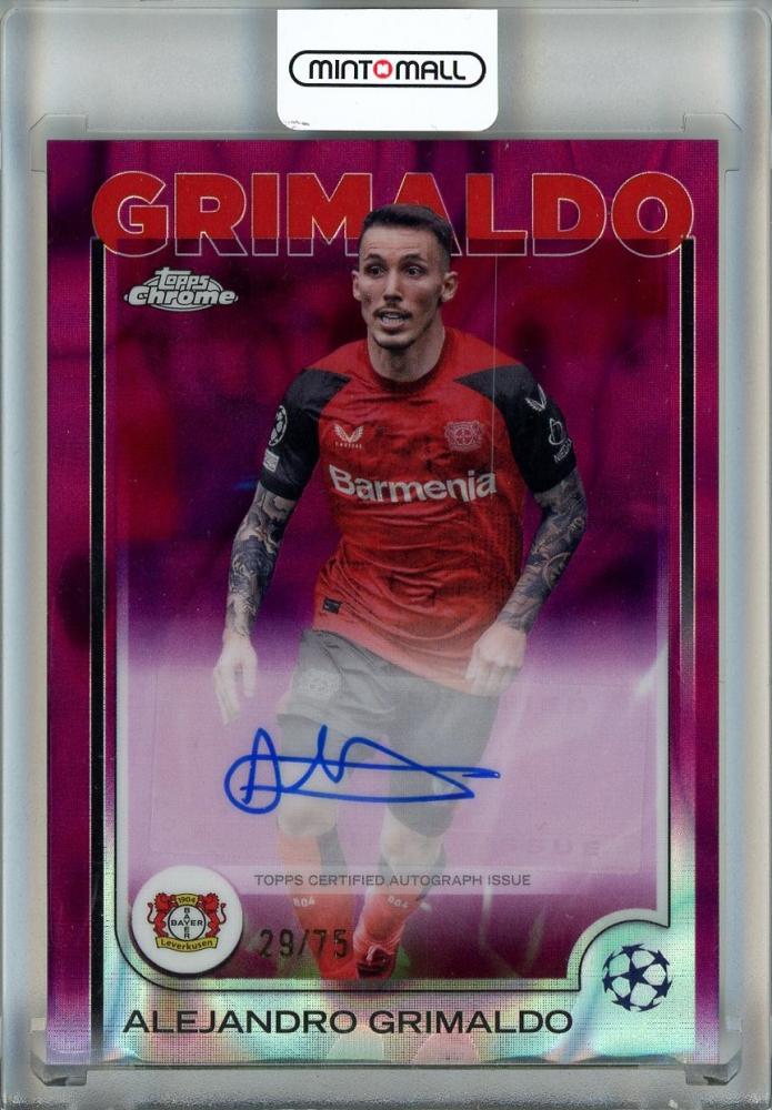 2024-25 Topps Chrome UEFA Club Competitions Alejandro Grimaldo Magenta Lava Refractors card CA-GR29/75 with vertical line damage