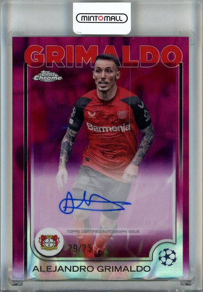 2024-25 Topps Chrome UEFA Club Competitions Alejandro Grimaldo Magenta Lava Refractors card CA-GR29/75 with vertical line damage