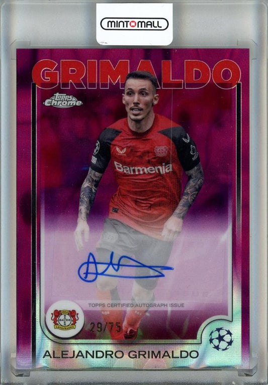 2024-25 Topps Chrome UEFA Club Competitions Alejandro Grimaldo Magenta Lava Refractors card CA-GR29/75 with vertical line damage