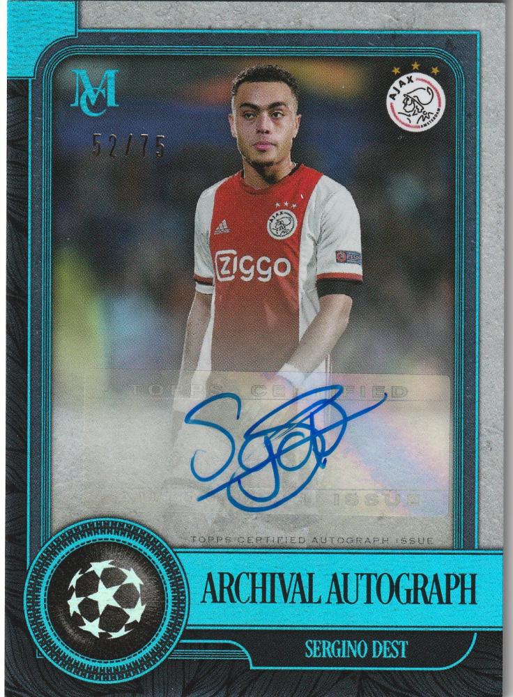 2019-20 Topps Museum Collection UEFA Champions League Archival Autographs Sapphire Sergino Dest card serial 52 of 75