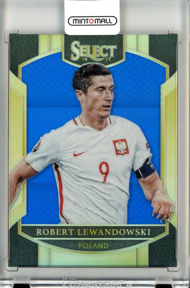 2016-17 PANINI SELECT Robert Lewandowski Blue Prizm trading card numbered 274 out of 299 with minor back stain