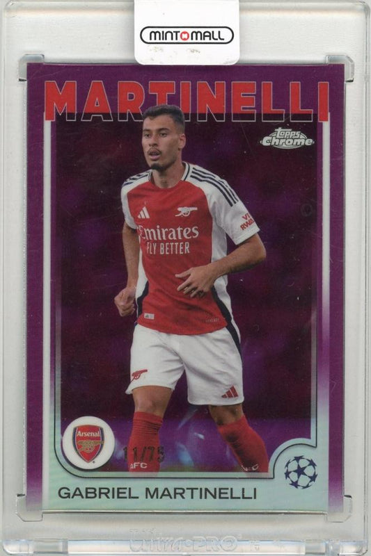 2024-25 Topps Chrome UEFA Club Competitions Gabriel Martinelli Magenta Refractors card #511/75 showing Arsenal player