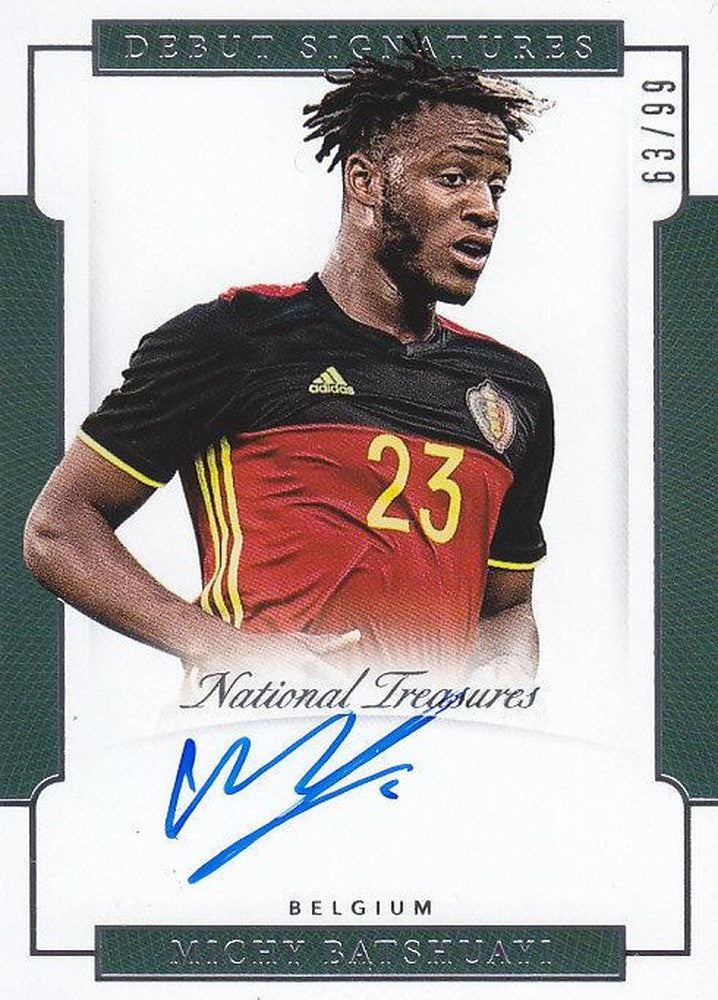 2018 Panini National Treasures soccer card featuring Michy Batshuayi with Belgium debut signature numbered 63 out of 99