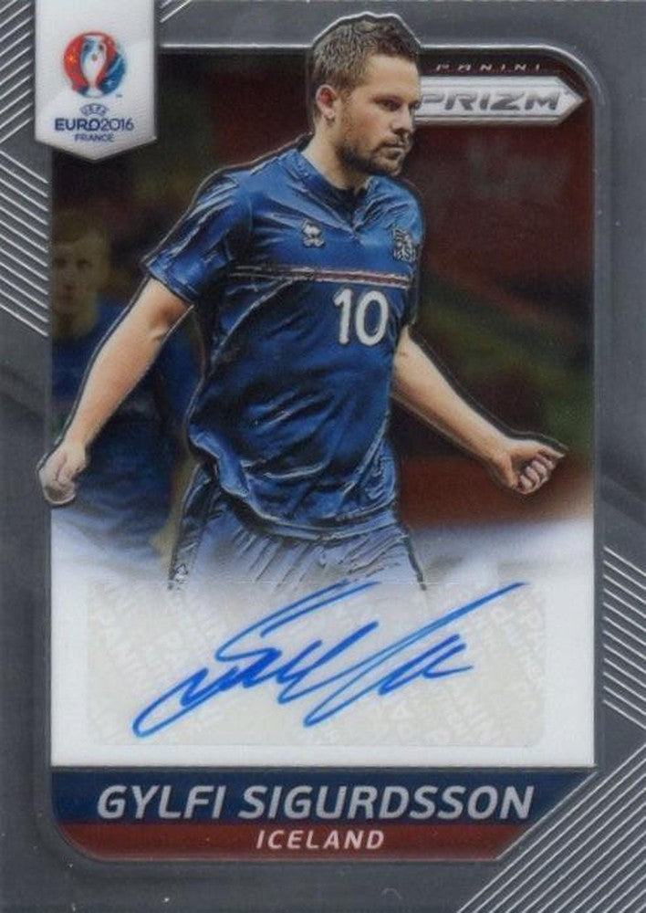 2016 Panini Euro Prizm Gylfi Sigurdsson autograph trading card with minor stain on the back