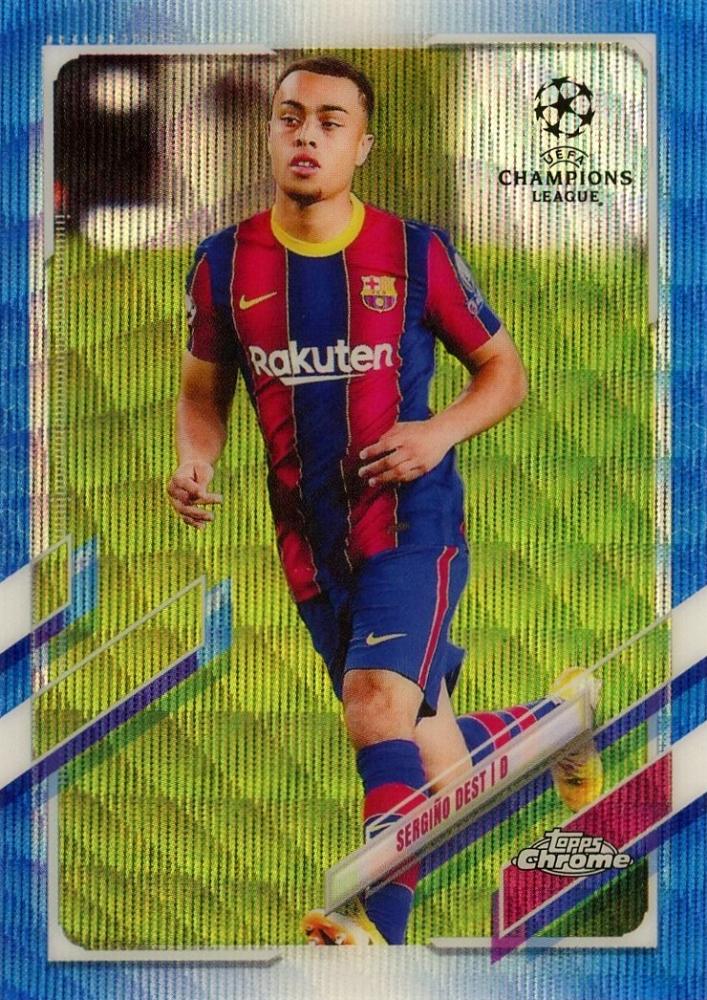 2020-21 Topps Chrome UEFA Champions League Sergino Dest Blue Wave Refractors card numbered 45 out of 75