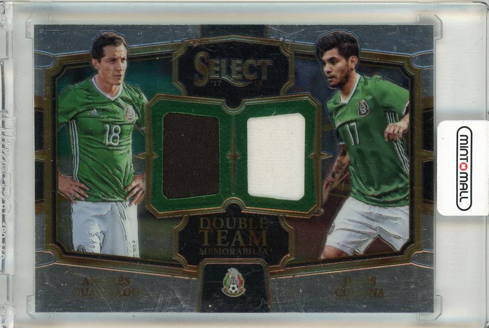 2017-18 Panini Select double team memorabilia card featuring Andres Guardado and Jesus Corona with minor stain on back
