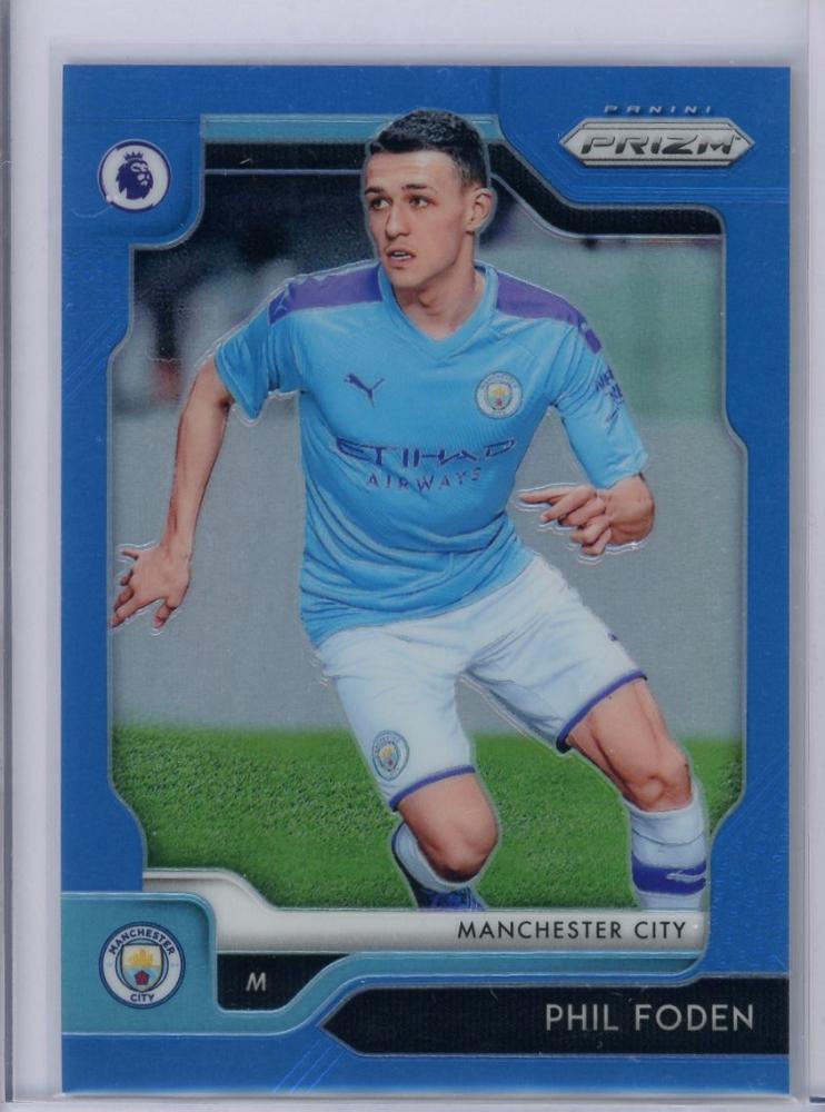 2019-20 Panini Prizm Premier League Manchester City Phil Foden Base Blue parallel card numbered 040 of 199