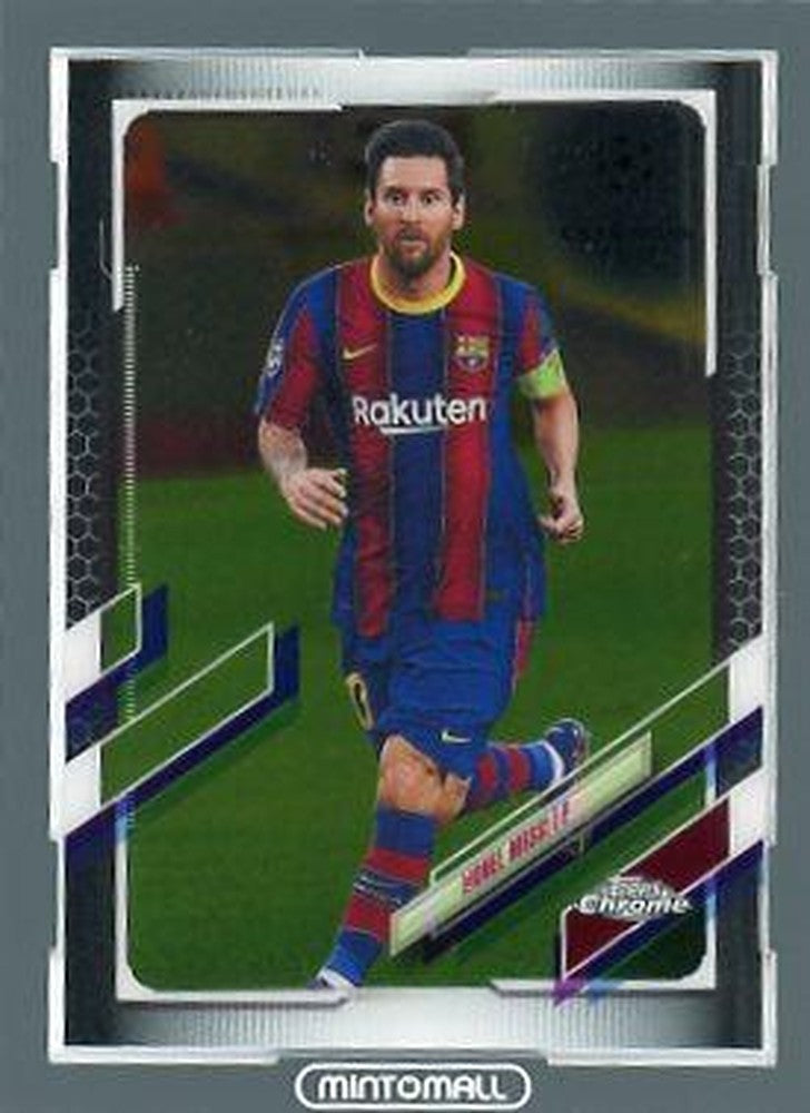 2020-21 Topps Chrome UEFA Champions League Lionel Messi Base #1 trading card featuring Messi in action