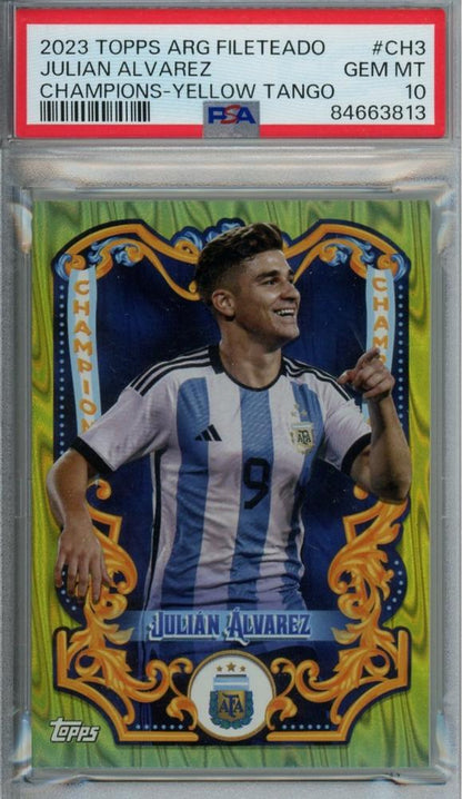 2023 Topps Argentina Fileteado Julian Alvarez Champions Yellow Tango card graded PSA10 serial 71/150
