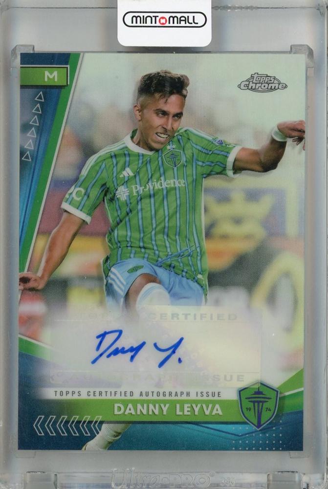 2024 Topps Chrome MLS Danny Leyva Chrome Autographs card #CA-LE with visible scratches and dents