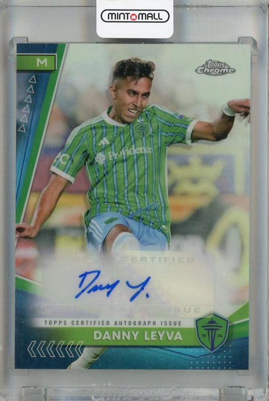 2024 Topps Chrome MLS Danny Leyva Chrome Autographs card #CA-LE with visible scratches and dents