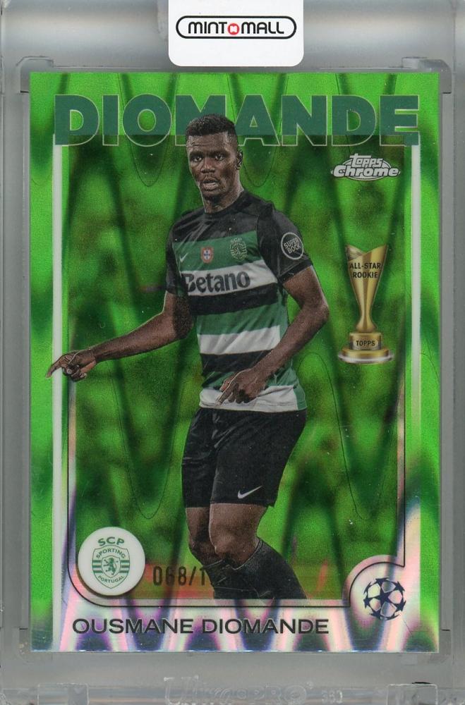 2024-25 Topps Chrome UEFA Club Competitions Ousmane Diomande Neon Green RayWave Refractors card #122 with back scratch