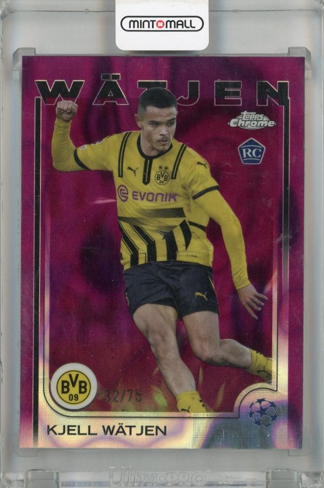 2024-25 Topps Chrome UEFA Club Competitions Kjell Watjen Magenta Lava Refractors card #118 RC serial 32 of 75 with back scratch