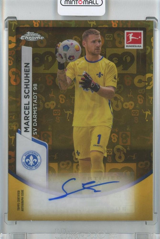 2023-24 Topps Chrome Bundesliga soccer card Marcel Schuhen with autograph and Gold Bundesliga 60 Years foil