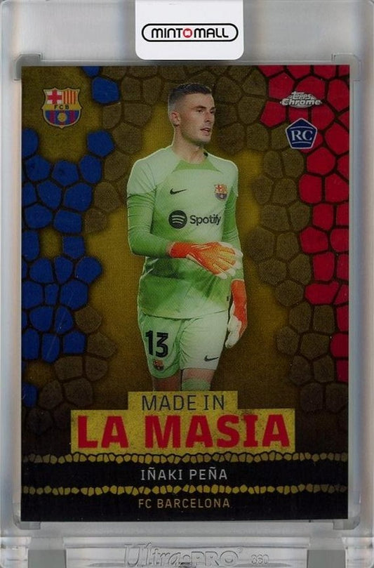 2022-23 Topps Chrome FC Barcelona Inaki Pena trading card La Masia Gold #LA3 numbered 04/50 with minor scratch