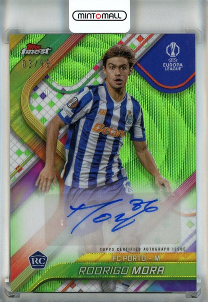 2024-25 Topps Finest UEFA Club Soccer card of Rodrigo Mora RC Autographs Neon Green Wave #BA-RM03/99 FC Porto