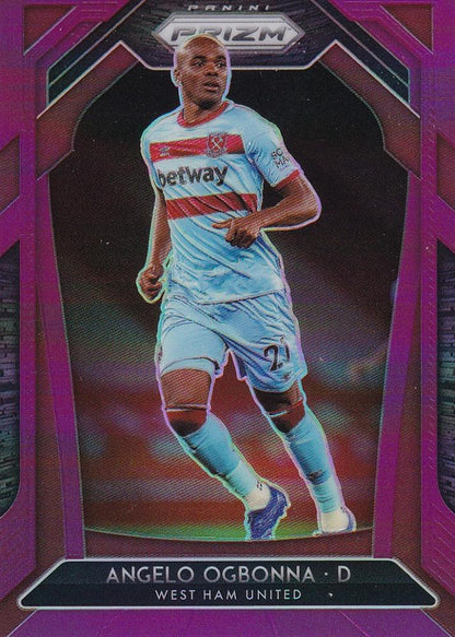 2020-21 Panini Prizm Premier League trading card of West Ham United Angelo Ogbonna purple parallel numbered 77 out of 99