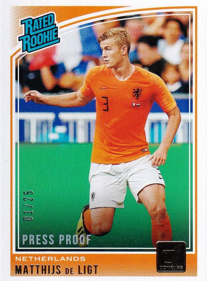 2018-19 Donruss Netherlands Matthijs de Ligt Base Rated Rookie Canvas card serial numbered 01 of 25 with minor stain on back