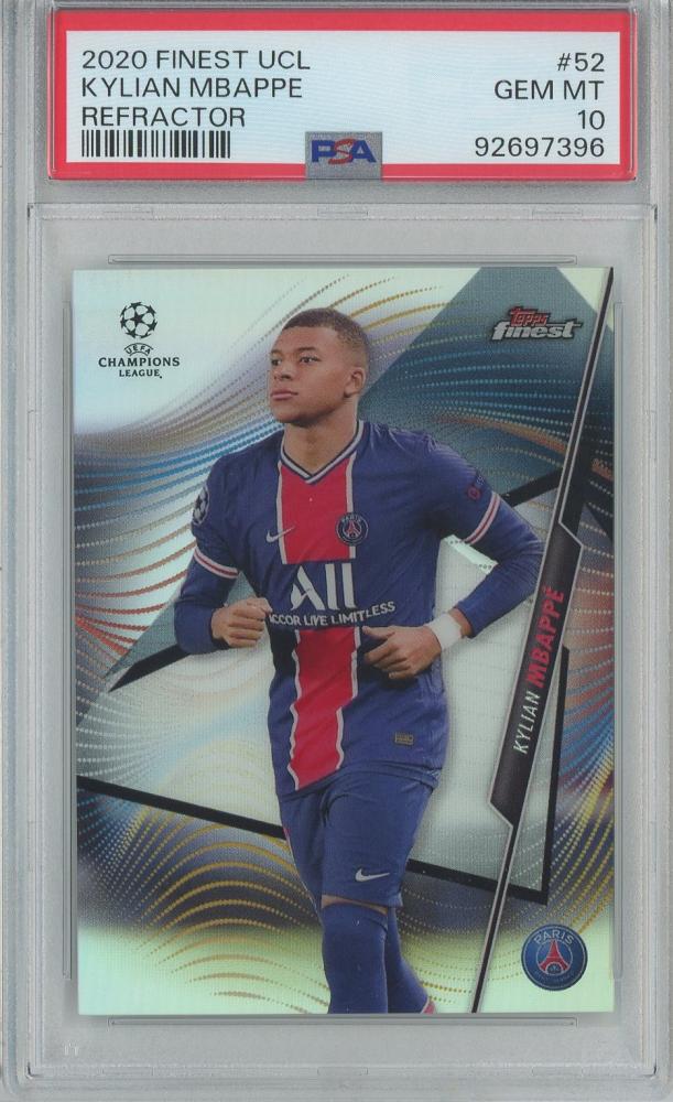 2020-21 Topps Finest UEFA Champions League soccer card of Kylian Mbappé Base/Refractor #52 PSA10 Paris Saint-Germain