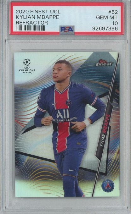 2020-21 Topps Finest UEFA Champions League soccer card of Kylian Mbappé Base/Refractor #52 PSA10 Paris Saint-Germain