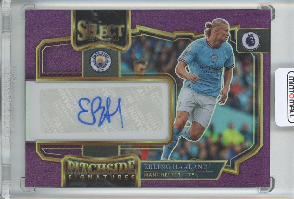 2022-23 Panini Select Premier League Soccer Erling Haaland Purple Pitchside Signatures card #PS-EH19/20 Manchester City