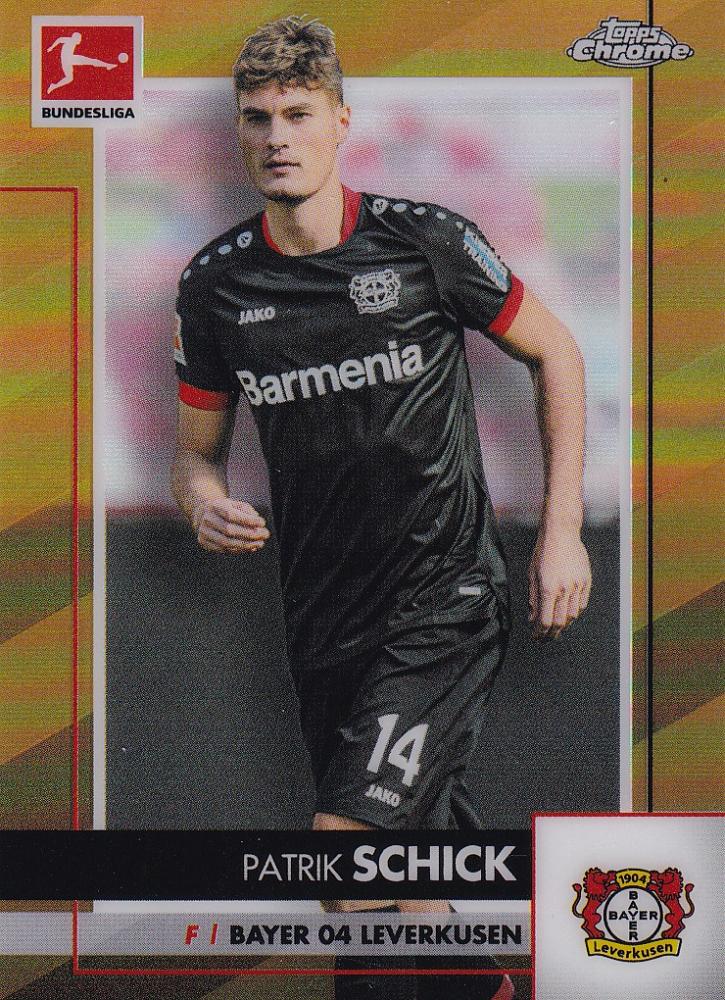 2020-21 Topps Chrome Bundesliga trading card of Patrik Schick Bayer 04 Leverkusen Base Gold Parallel 18 out of 50