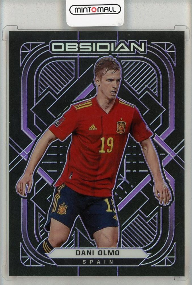 2021-22 Panini Obsidian Dani Olmo Purple numbered 10 out of 30 collectible soccer trading card with minor stain on back
