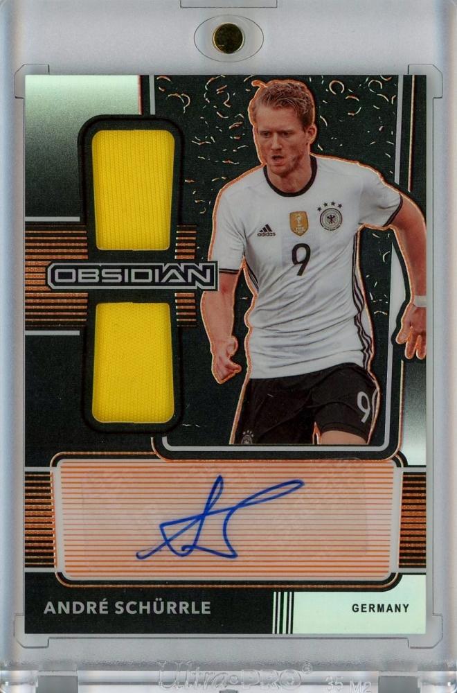 2020-21 Panini Obsidian Andre Schurrle dual jersey ink electric etch orange trading card numbered 02/50