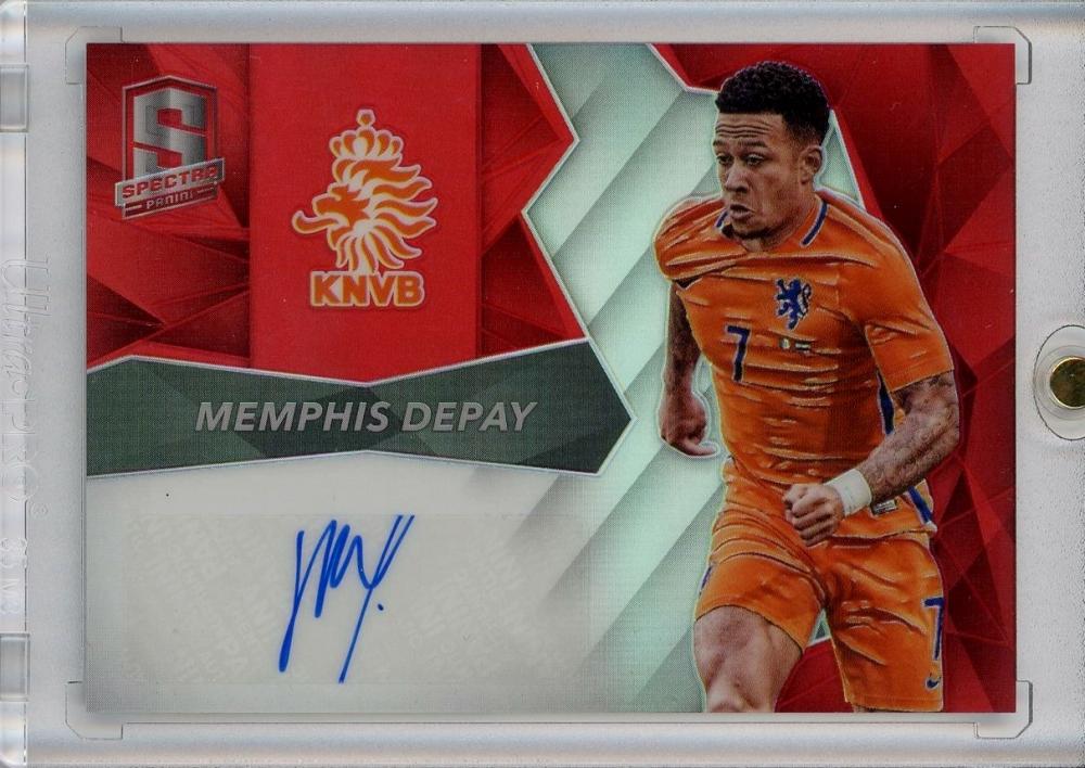 2016-17 Panini Spectra Memphis Depay trading card with red autograph, numbered 22 of 65