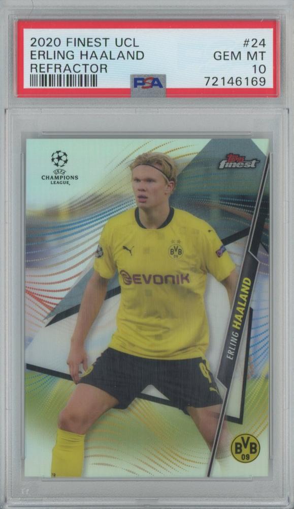 2020 Topps Finest UEFA Champions League Erling Haaland Refractor card #24 graded PSA10