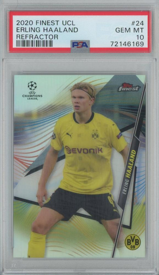 2020 Topps Finest UEFA Champions League Erling Haaland Refractor card #24 graded PSA10