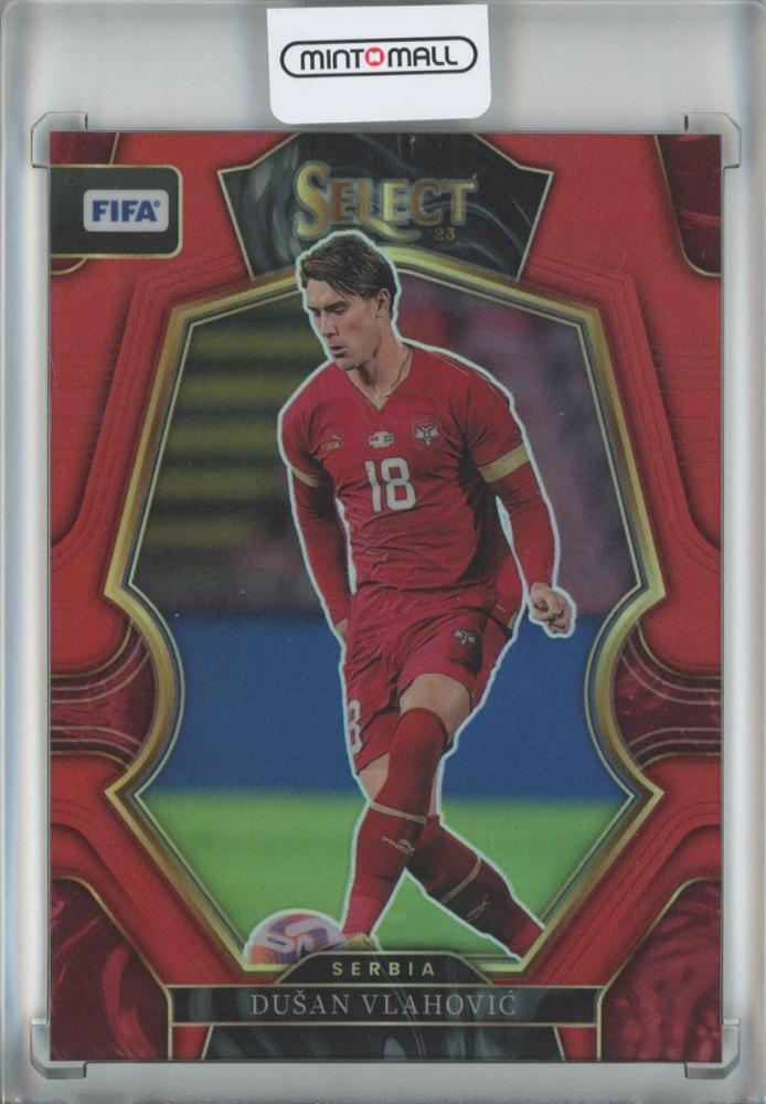 2022-23 Panini Select Fifa Soccer Dusan Vlahovic Red Parallel trading card serial #172 with minor back stains