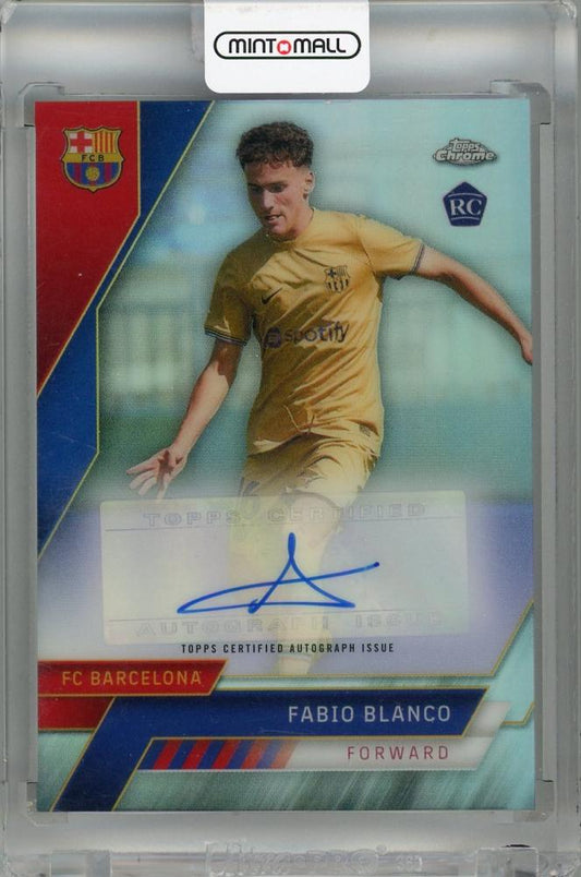 2022-23 FC Barcelona Topps Chrome Fabio Blanco Autographs trading card with autograph and surface scratches