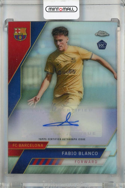 2022-23 FC Barcelona Topps Chrome Fabio Blanco Autographs card with serial number #AU-BL showing early surface damage